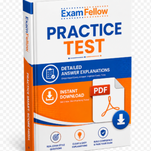 Professional ExamFellow practice test PDF book mockup featuring detailed answer explanations and instant download on a transparent background.