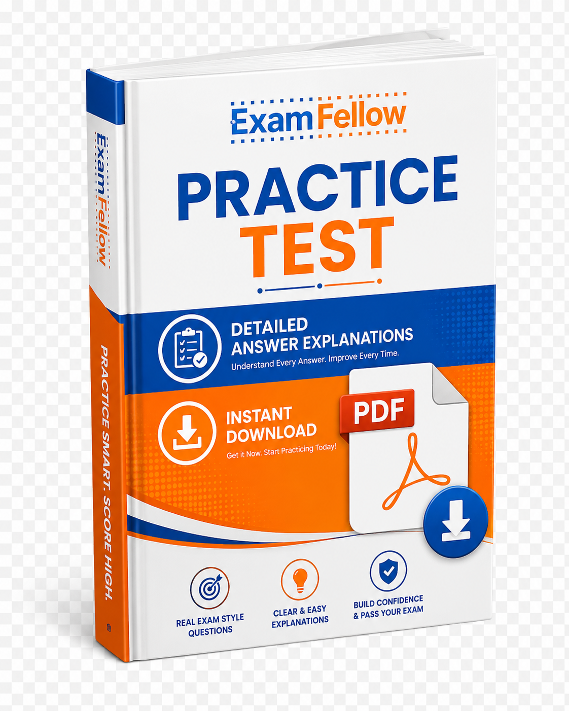 Professional ExamFellow practice test PDF book mockup featuring detailed answer explanations and instant download on a transparent background.