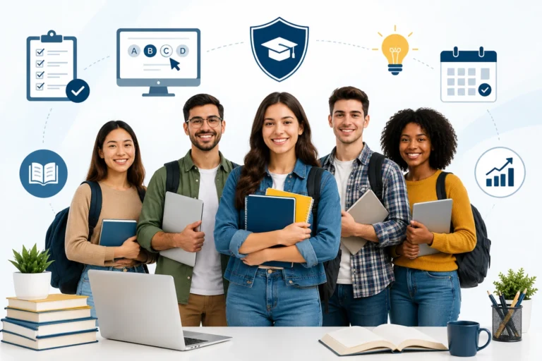 A diverse group of students holding books and laptops with educational icons representing online learning, practice tests, certification exam preparation, and academic success.